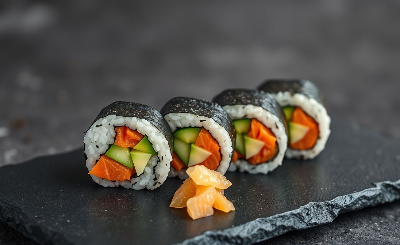 Sushi caseiro com salmão fresco, abacate e pepino, cortado em fatias perfeitas sobre prato escuro com wasabi e gengibre