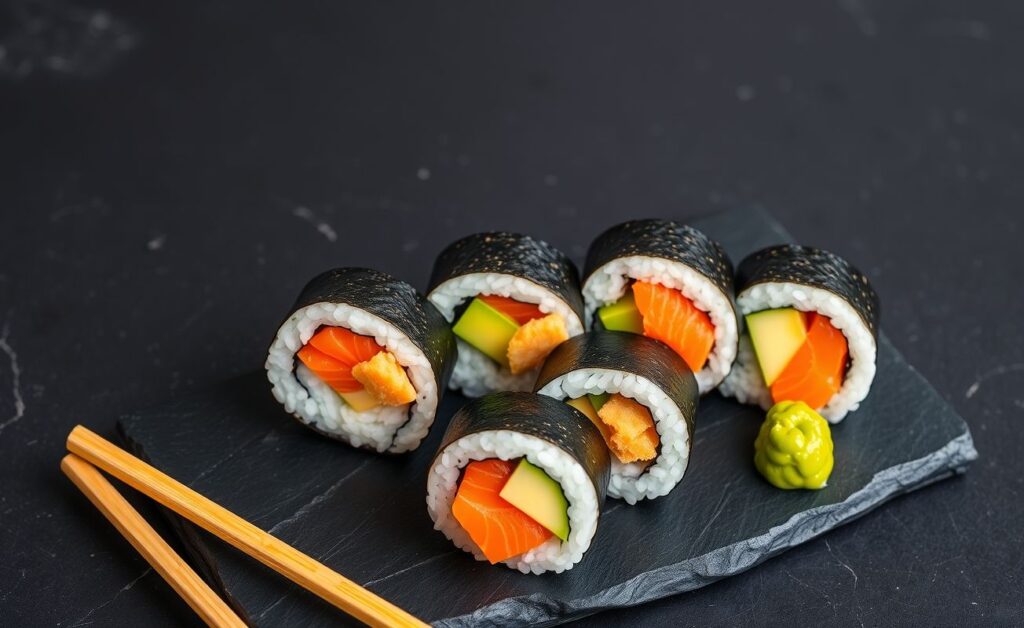 Sushi feito em casa com salmão fresco e abacate, cortado em rodelas perfeitas sobre prato escuro, acompanhado de gengibre e wasabi.