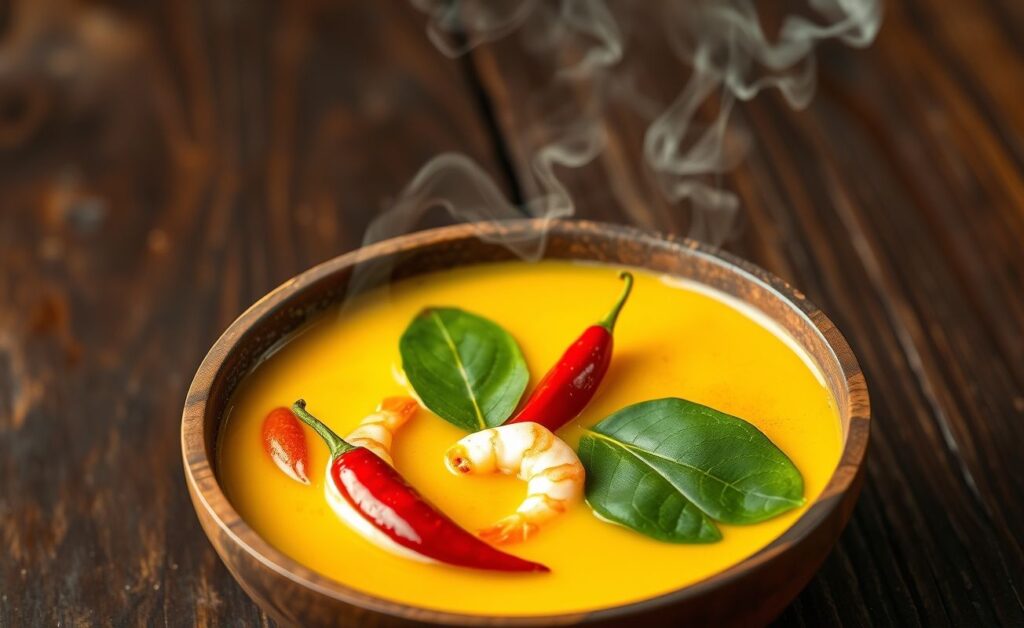 Tacacá tradicional servido em cuia de madeira com caldo amarelo, camarões e folhas de jambu, decorado com pimenta e cheiro-verde