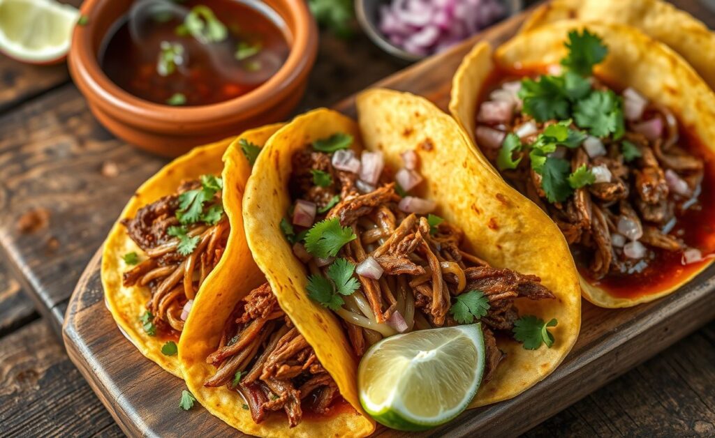 Tacos Birria dourados recheados com carne suculenta e queijo derretido, acompanhados de caldo escuro em tigela e decorados com coentro fresco.