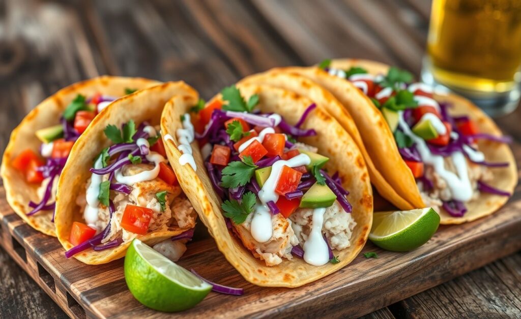 Tacos De Peixe servidos em tortilhas douradas com peixe branco, repolho roxo, tomate, abacate e coentro, decorados com molho cremoso