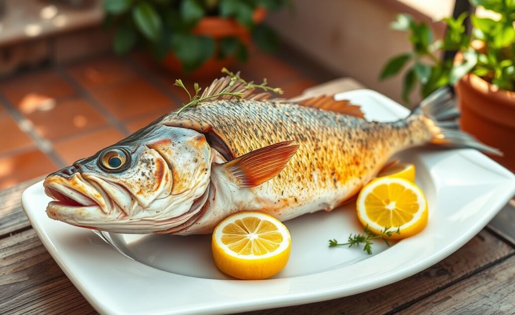 Tainha Assada inteira com crosta dourada de ervas, decorada com limão e salsa fresca, pronta para servir