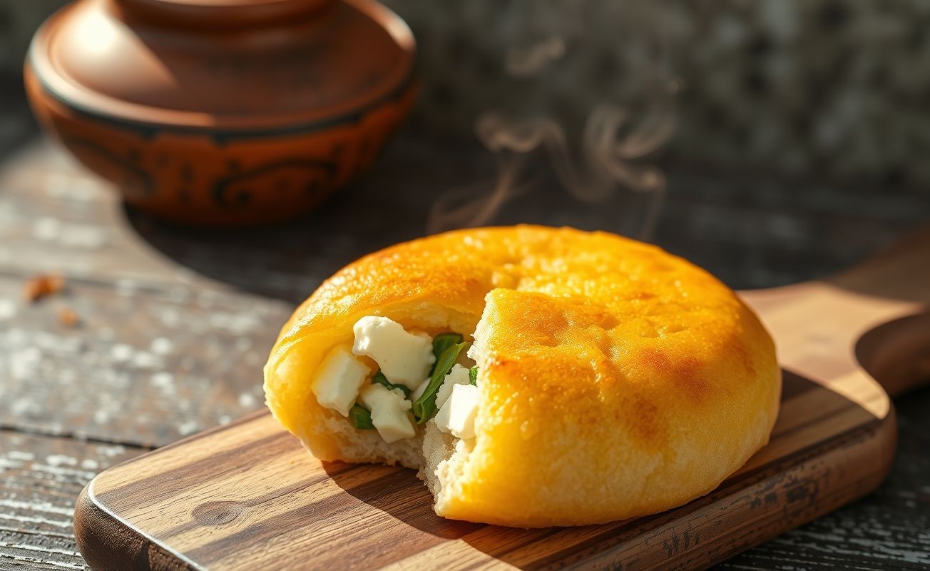 Tapioca brasileira dourada recheada com queijo derretido e ervas, servida em prato rústico de madeira