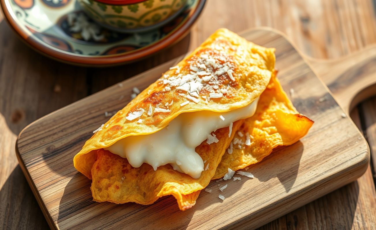 Tapioca nordestina dourada recheada com queijo derretido e coco ralado, servida em tábua de madeira rústica