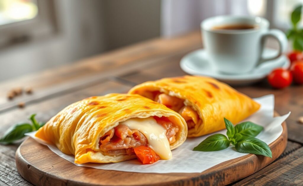 Tapioca recheada dourada servida em prato rústico com recheio de queijo derretido, presunto e tomate visíveis, decorada com folhas verdes