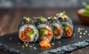 Temaki de salmão fresco com abacate, arroz e alga nori - prato típico de comida japonesa com cores vibrantes e texturas variadas