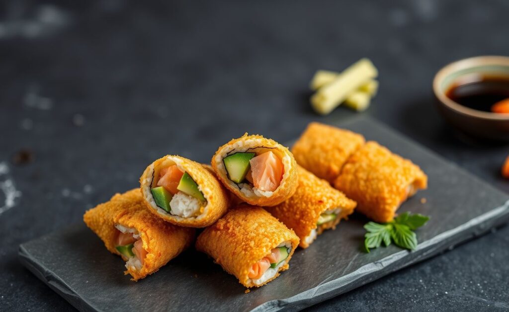 Temaki Frito dourado e crocante servido em prato com acompanhamentos típicos da culinária japonesa