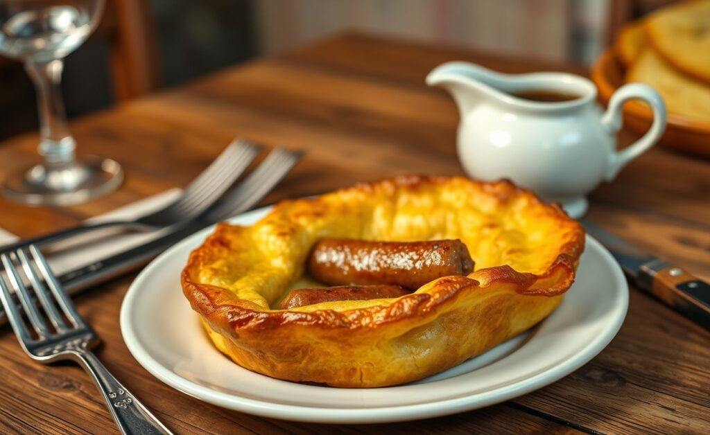 Toad in the hole (salsicha no Yorkshire pudding) dourado com salsichas assadas em massa aerada, servido em prato rústico