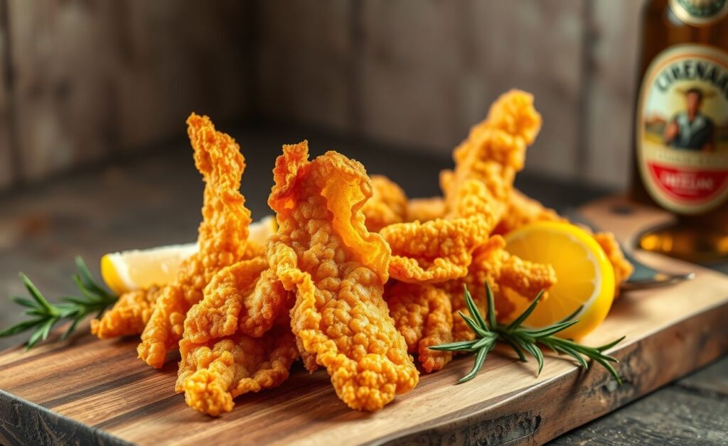 Torresmo crocante e dourado servido em tábua de madeira, com textura estaladiça visível e acompanhado de limão