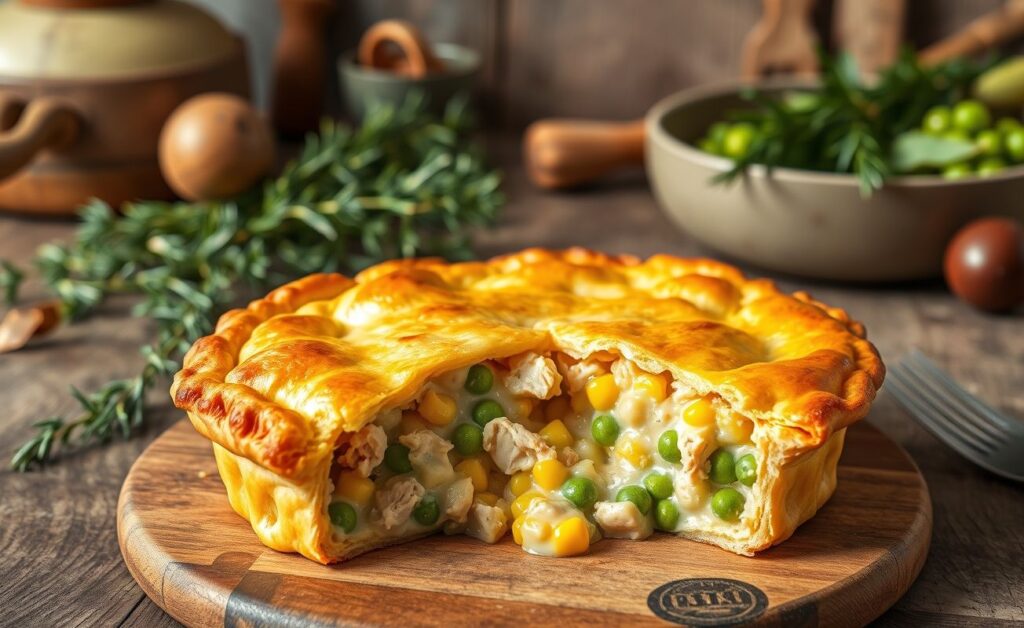 Torta de frango recém-assada com massa crocante dourada e recheio cremoso visível onde se vê pedaços de frango, milho e ervilha