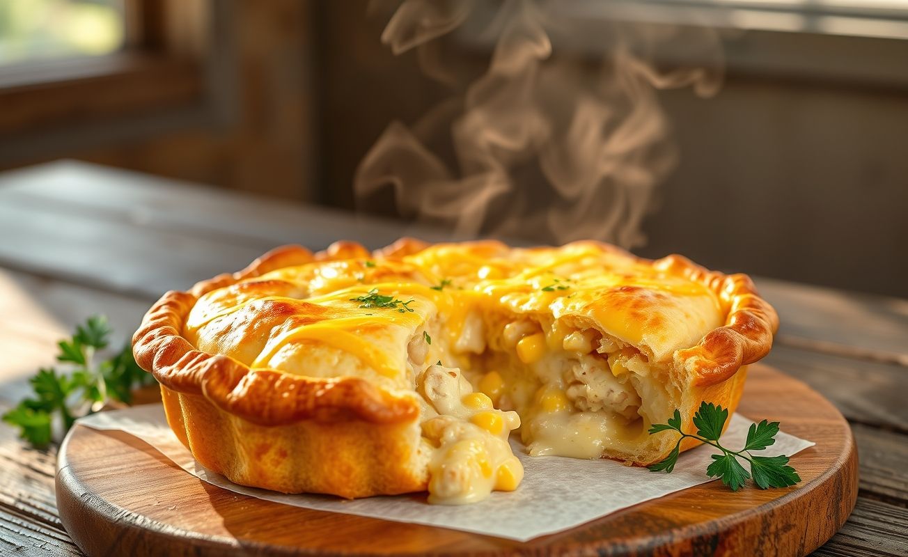 Torta de Frango dourada recém-saída do forno, mostrando recheio cremoso com frango desfiado e milho, decorada com salsa fresca