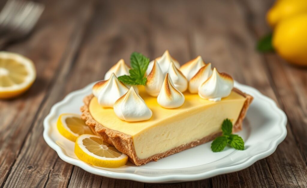 Torta de Limão com merengue dourado servida em prato branco, decorada com fatias de limão e folhas de hortelã