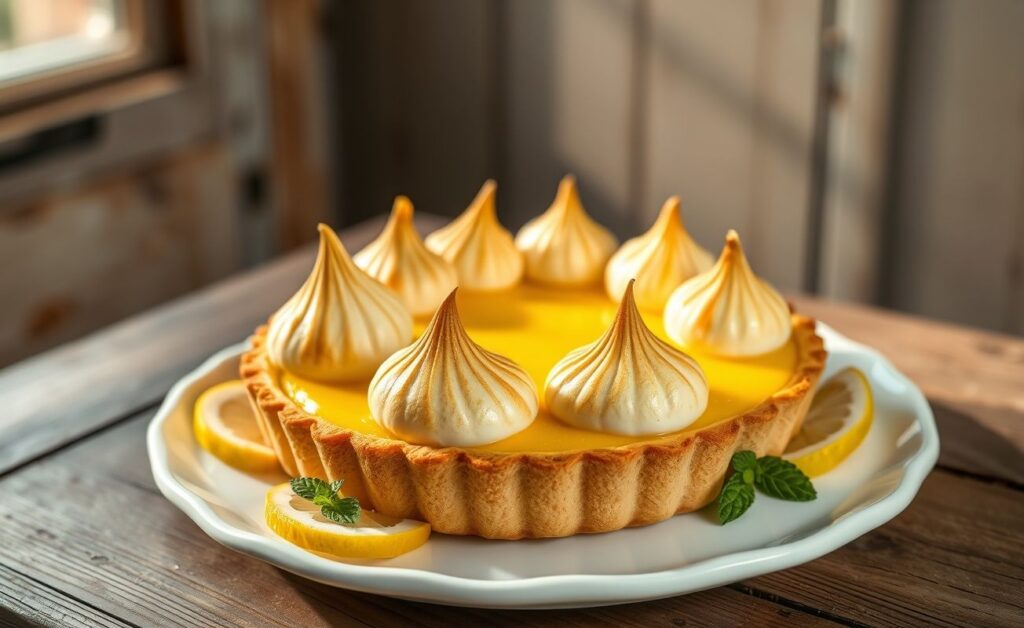 Foto da receita de torta de limão com merengue dourado, recheio cremoso amarelo e decoração com fatias de limão em prato branco