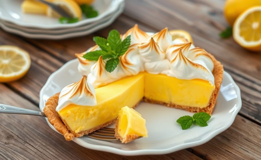 Torta De Limão com recheio amarelo cremoso e cobertura de merengue dourado, decorada com fatias finas de limão em um prato branco