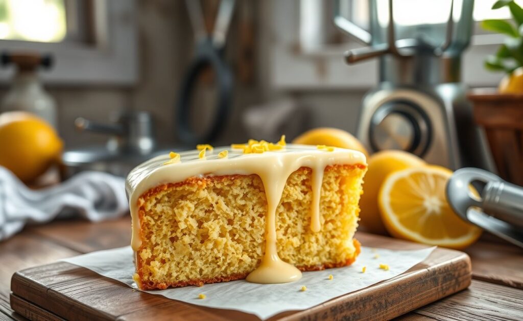 Fatia de Torta de liquidificador com cobertura cremosa branca e raspas de limão, em prato sobre mesa rústica