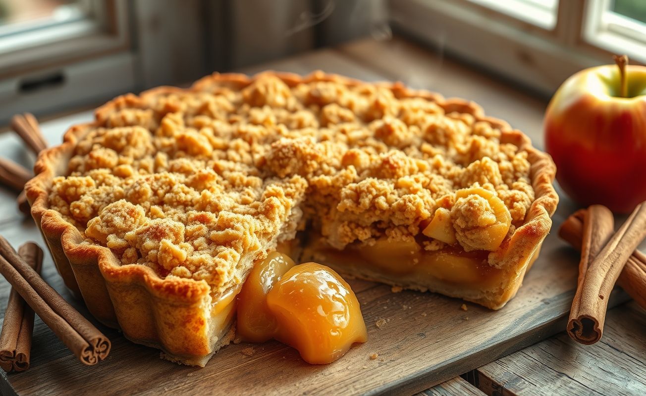 Torta de maçã com cobertura dourada servida em fatia, mostrando recheio caramelizado e cobertura crocante com cristais de açúcar