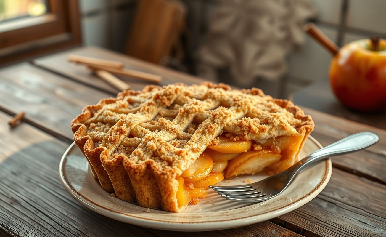 Torta de maçã com cobertura de maçã dourada em prato branco, com recheio visível e aroma de canela, sobre mesa rústica