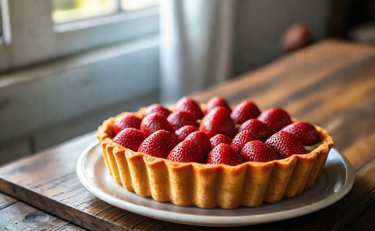 Torta de Morango com massa dourada, recheio cremoso branco e morangos vermelhos brilhantes arrumados harmonicamente em forma redonda