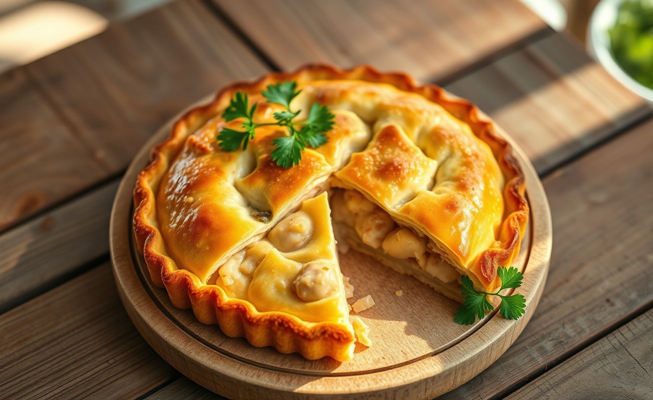 Torta de palmito dourada com recheio cremoso visível, decorada com salsinha fresca em fatia generosa