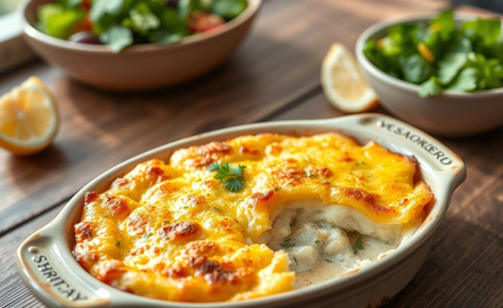 Torta de peixe assada com crosta dourada de queijo, servida em travessa com camadas visíveis de peixe cremoso e purê de batata