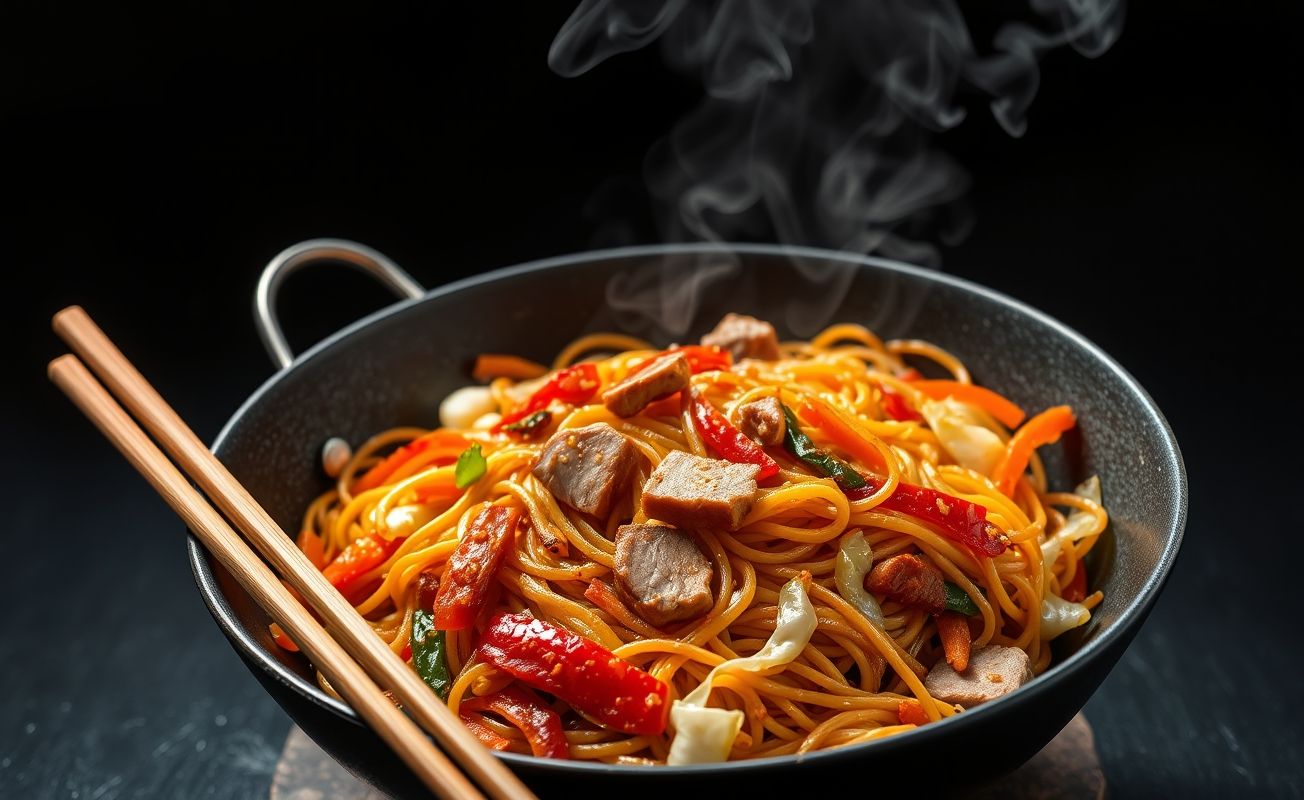 Prato de Yakissoba japonês com macarrão, legumes coloridos e carne suína em tiras, salteado e servido fumegante