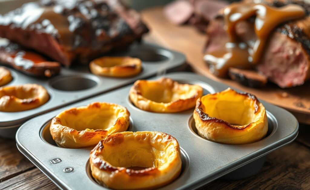 Yorkshire pudding recém-saído do forno, dourado e crocante por fora com interior macio e oco, servido em forma de muffin