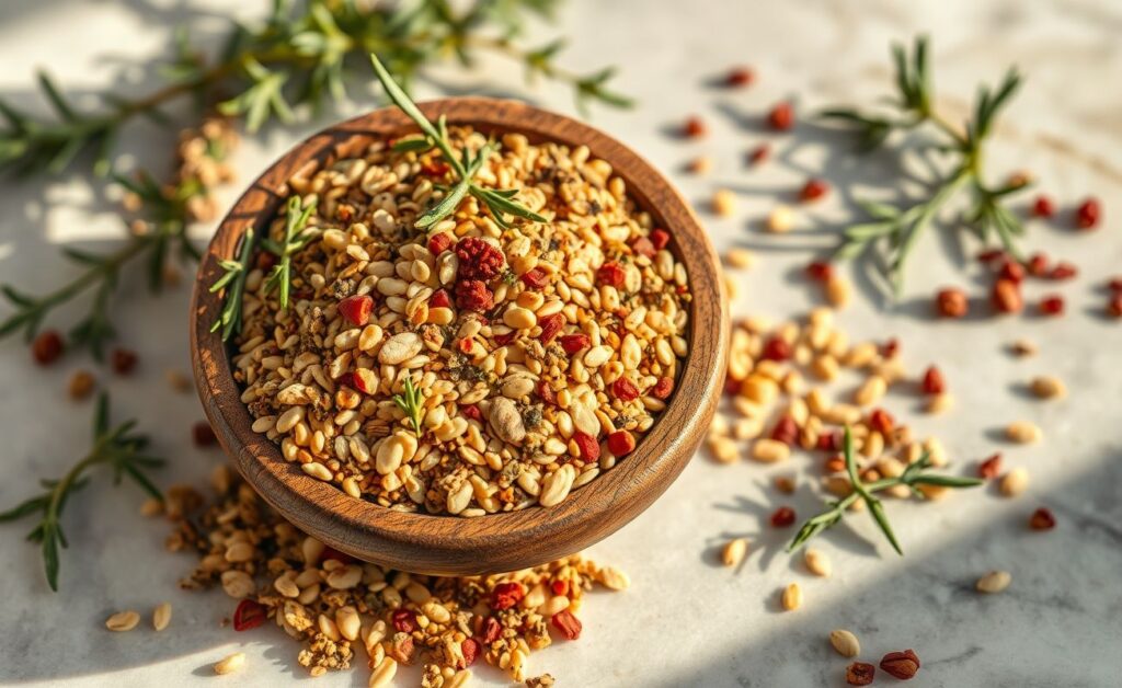 Mistura de Zaatar caseiro em tigela de madeira, mostrando tomilho seco, sementes de gergelim douradas e sumac vermelho