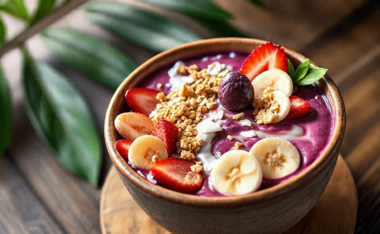 Tigela de açaí cremoso decorada com morangos, banana, granola e coco ralado, textura suave e cor roxa vibrante