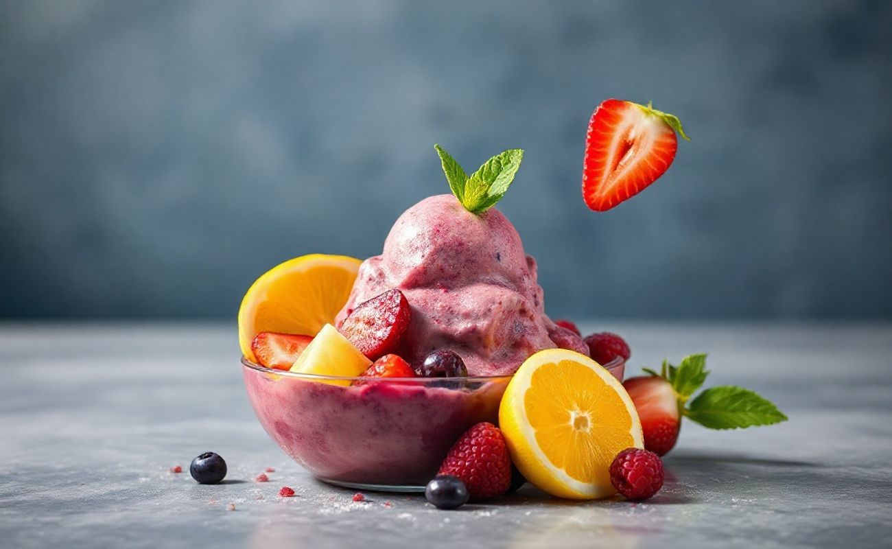 Açaí na garrafa em vidro transparente mostrando camadas de creme roxo, frutas frescas e granola crocante