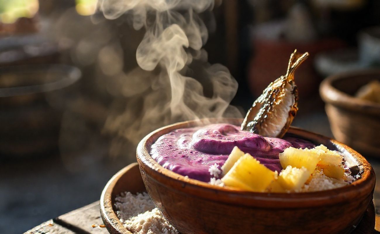 Tigela de açaí paraense tradicional com textura cremosa roxa escura, acompanhado de peixe frito crocante e farinha de mandioca