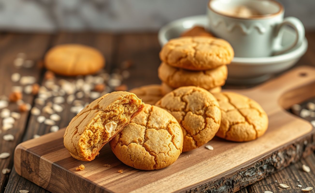 Anzac Biscuits dourados e crocantes dispostos em tabua de madeira rústica, mostrando textura perfeita com flocos de aveia visíveis