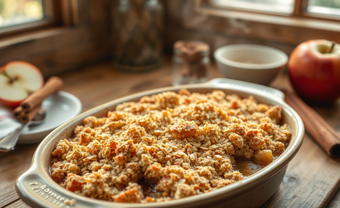 Apple Crumble caseiro em forma de cerâmica com farofa dourada crocante e recheio de maçã caramelizada borbulhante