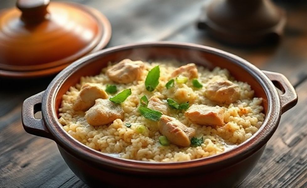 Arroz com Frango tradicional brasileiro servido em panela de barro, com grãos cremosos e pedaços suculentos de frango, decorado com salsa fresca