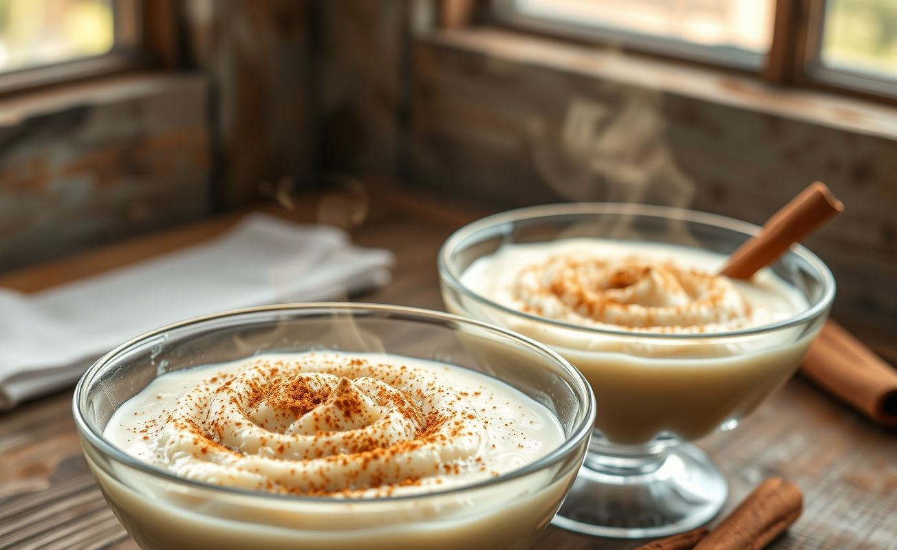 Arroz de Leite Cremoso servido em taça de vidro com canela polvilhada, textura cremosa e aroma convidativo