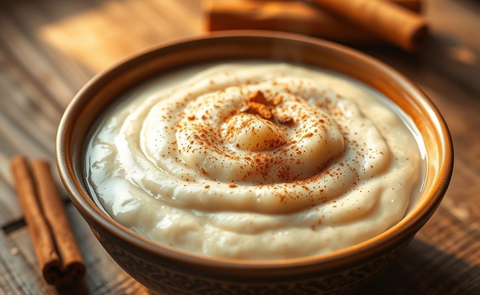 Arroz Doce cremoso servido em tigela de cerâmica com canela em pó polvilhada formando desenho decorativo
