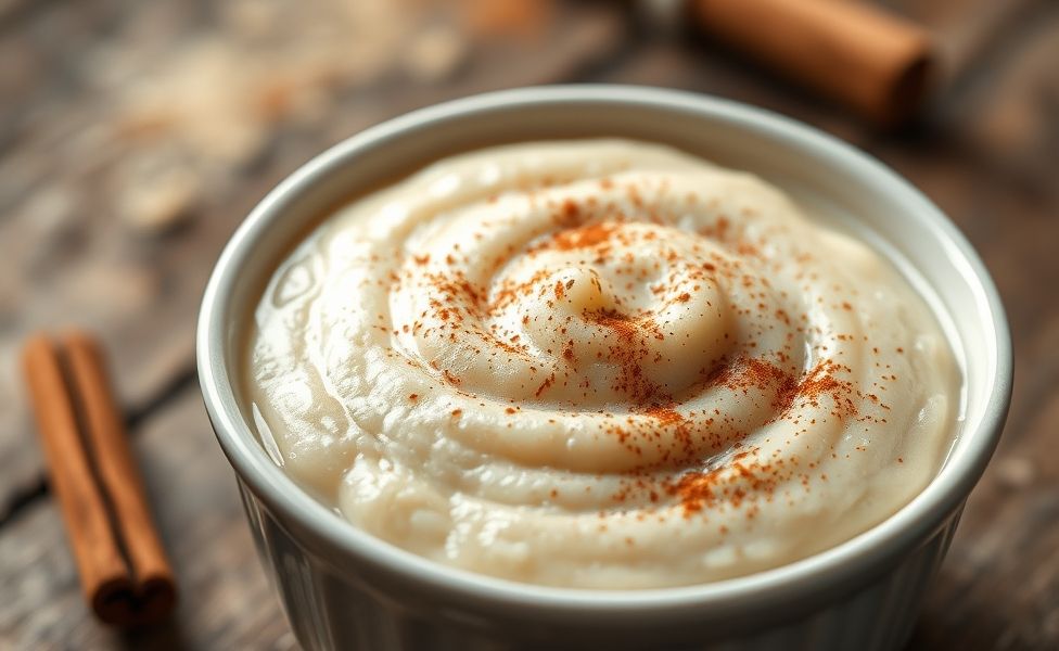 Arroz Doce cremoso servido em bowl branco com canela polvilhada, textura sedosa e aroma convidativo