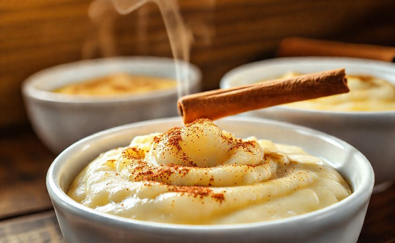 Arroz Doce cremoso servido em taça branca com canela em pó polvilhada, textura suave e aroma convidativo