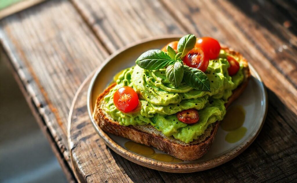 Avocado Toast com abacate cremoso sobre pão torrado, decorado com tomates cereja e manjericão fresco