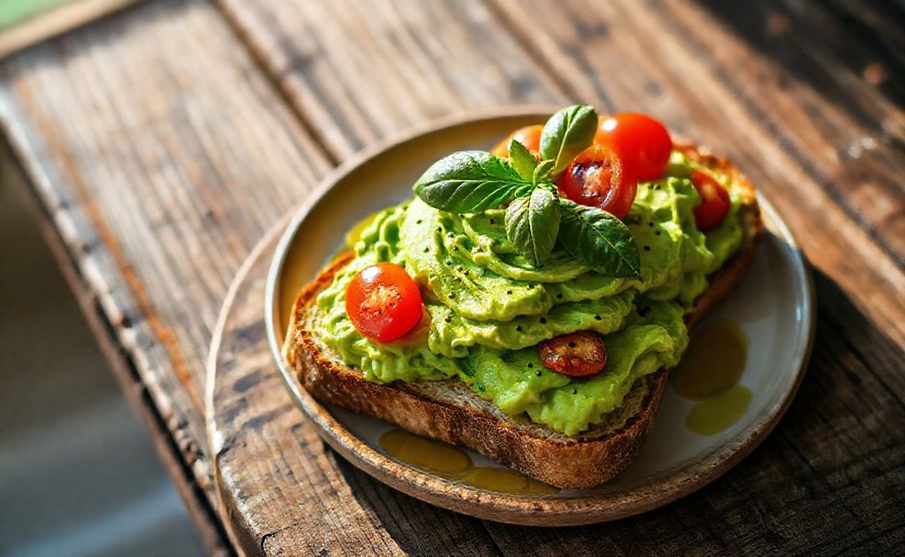 Avocado Toast com abacate cremoso sobre pão torrado, decorado com tomates cereja e manjericão fresco
