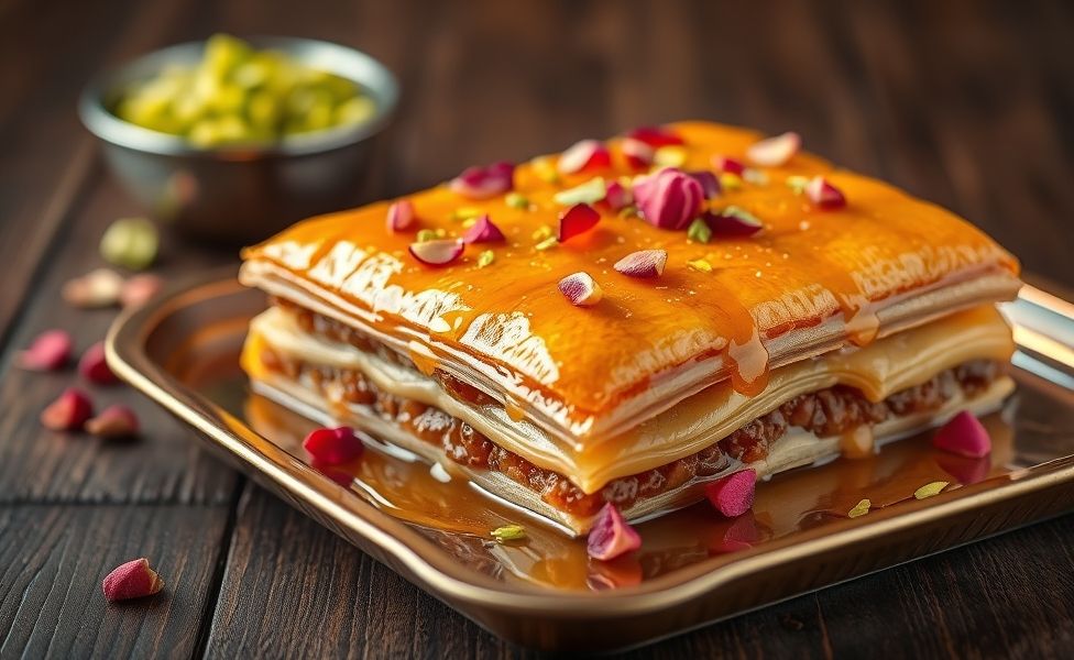 Baklava dourada cortada em losangos, com camadas visíveis de massa filo crocante e recheio de nozes, decorada com pistaches