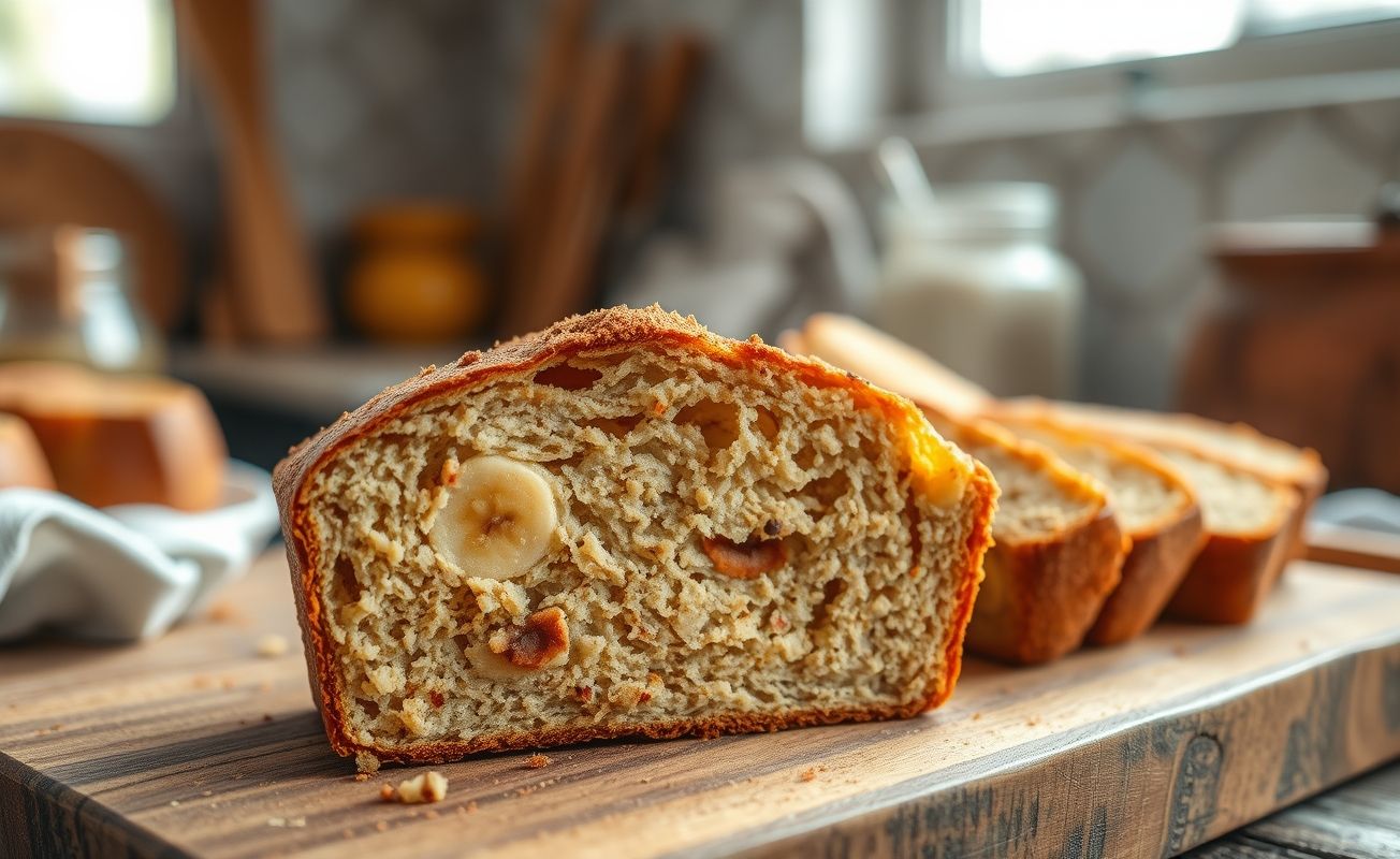 Fatia de Banana Bread caseiro com pedaços de banana e nozes visíveis, crosta dourada e textura úmida, sobre tábua de madeira rústica