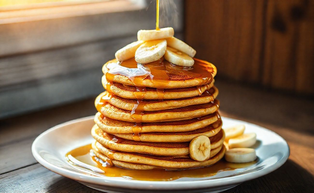 Pilha de Banana Pancakes dourados com calda de maple escorrendo, fatias de banana fresca e manteiga derretendo, servidos em prato branco
