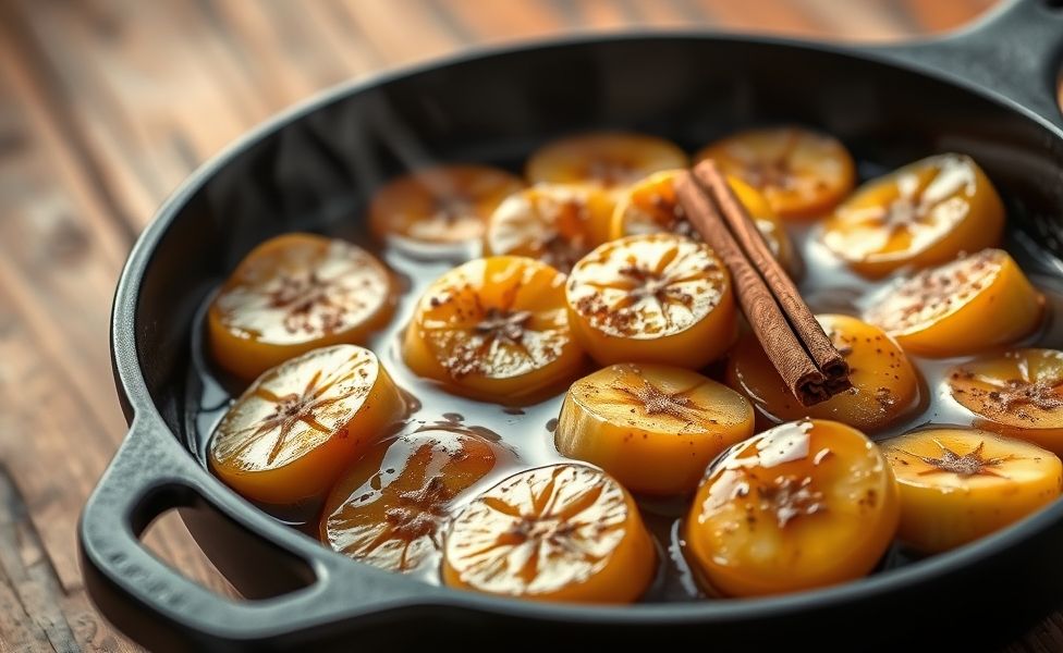Bananas com canela caramelizadas em frigideira, com textura cremosa e aroma acentuado, perfeitas como sobremesa rápida