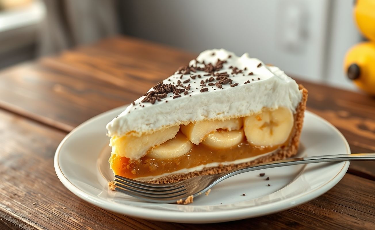 Fatia de Banoffee Pie mostrando camadas de biscoito, doce de leite, banana e chantilly com chocolate polvilhado
