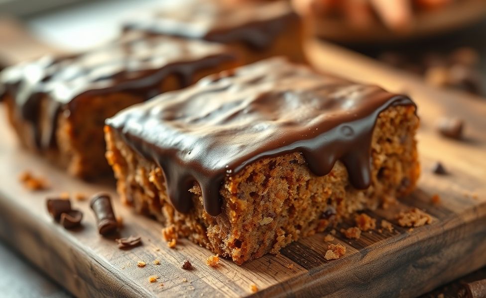 Barras de Bolo de Cenoura com cobertura de chocolate cremoso em tabua de madeira rústica