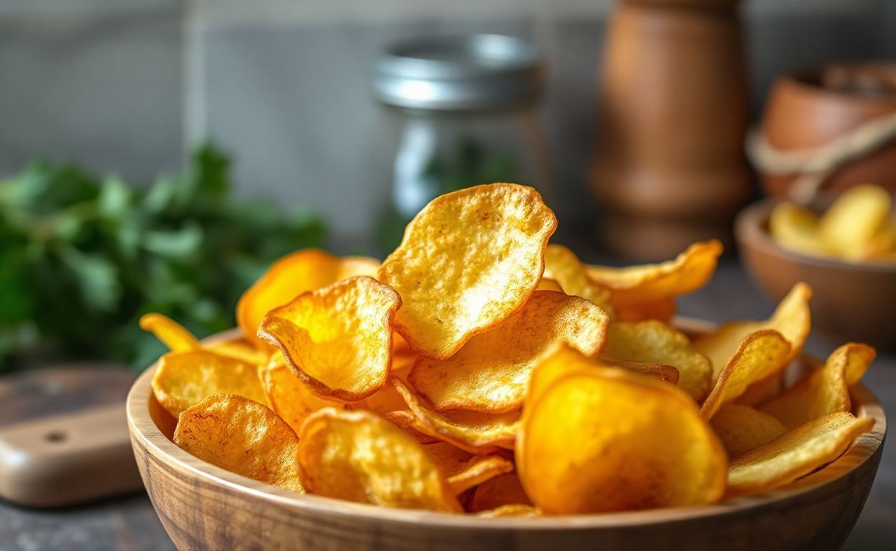 Batata Chips Caseira crocante e dourada em bowl de madeira, temperada com ervas e páprica