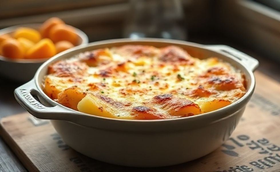 Batata Gratinada caseira em refratário, com queijo derretido dourado e camadas cremosas visíveis, pronta para servir