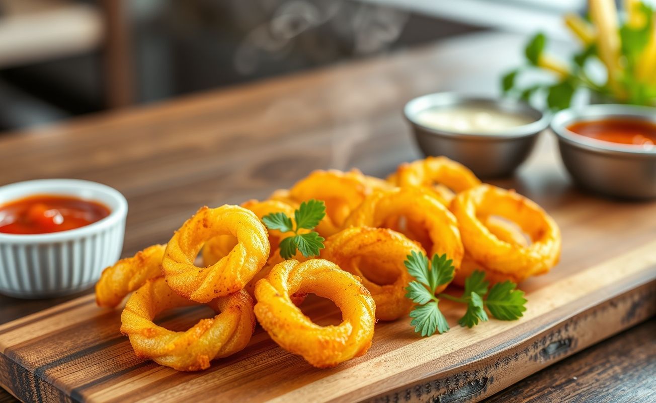 Batata Twister Viral dourada e crocante em formato espiral, servida em tábua de madeira com molhos para acompanhar
