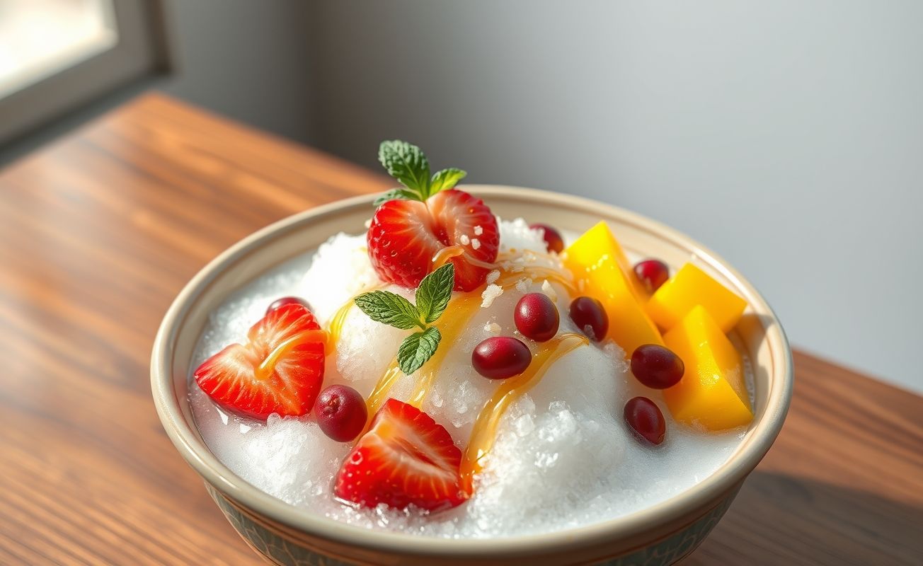 Bingsu Coreano servido em tigela cerâmica com flocos de leite, morangos, manga, feijão doce e flocos de arroz crocantes