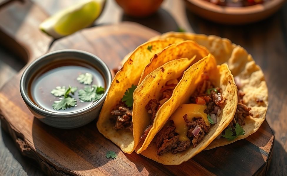 Birria Tacos dourados e crocantes recheados com carne desfiada e queijo derretido, acompanhados de caldo aromático e guarnições frescas